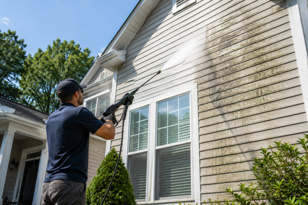 pressure washing Georgetown TX technician soft washing a home exterior