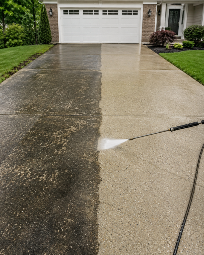 Pressure washing a two-car concrete driveway in Georgetown TX