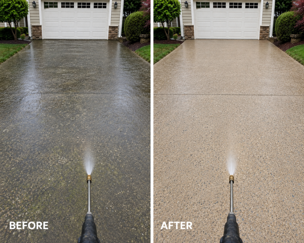 Before and after comparison of a power washed driveway
