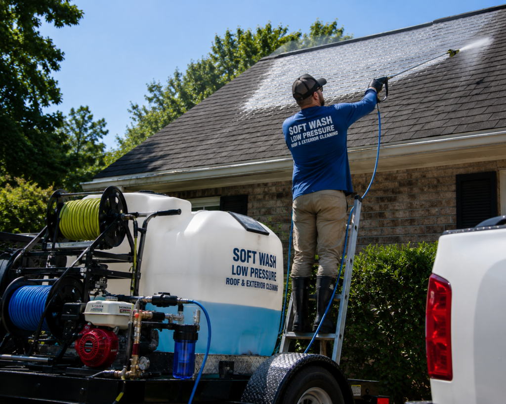 Soft washing equipment used for roof cleaning on a Georgetown home