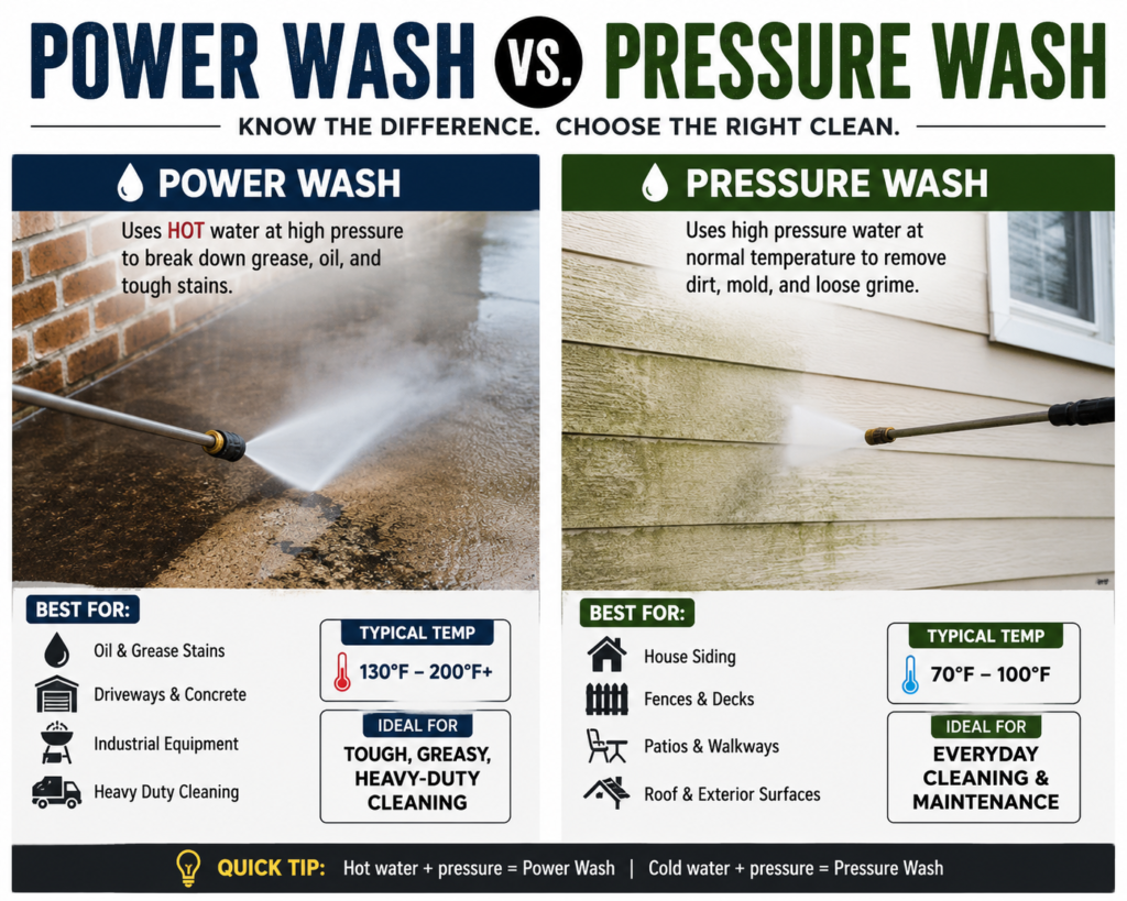 Power washing vs. pressure washing comparison chart for Georgetown TX homes