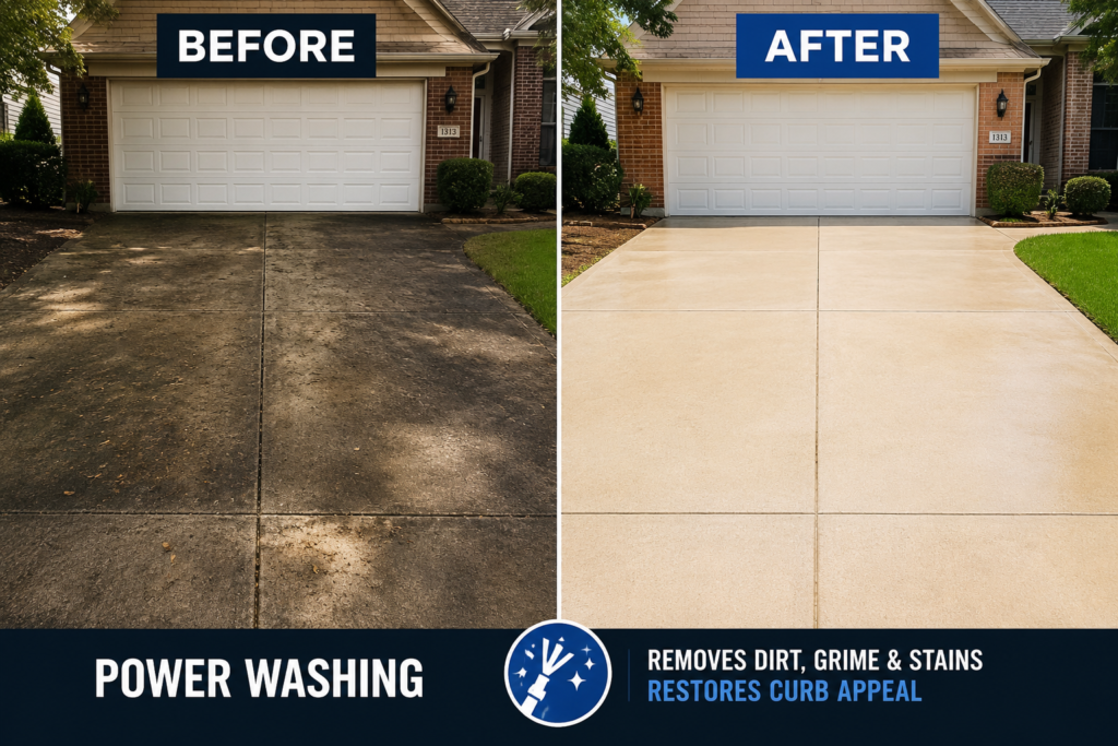 Before and after power washing a Georgetown TX driveway
