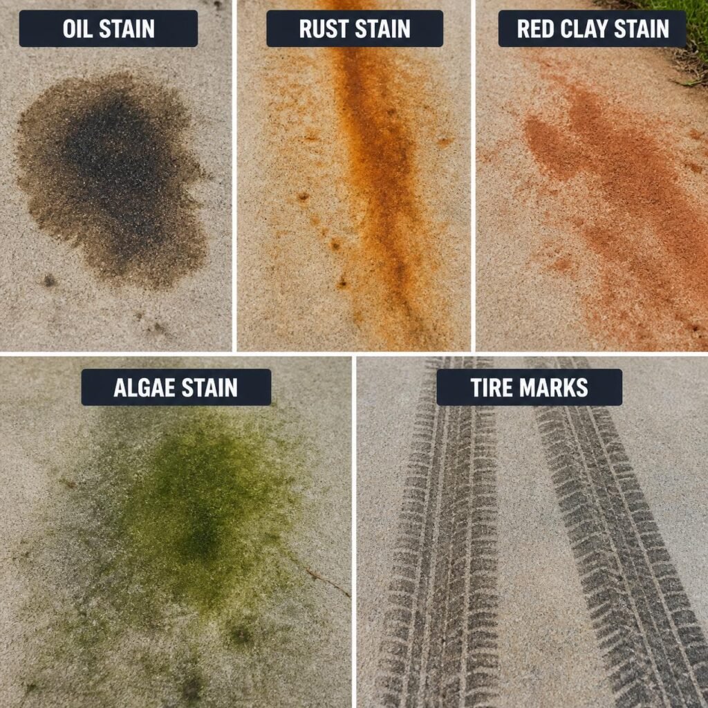 Five common driveway stains on concrete: oil, rust, red clay, algae, and tire marks