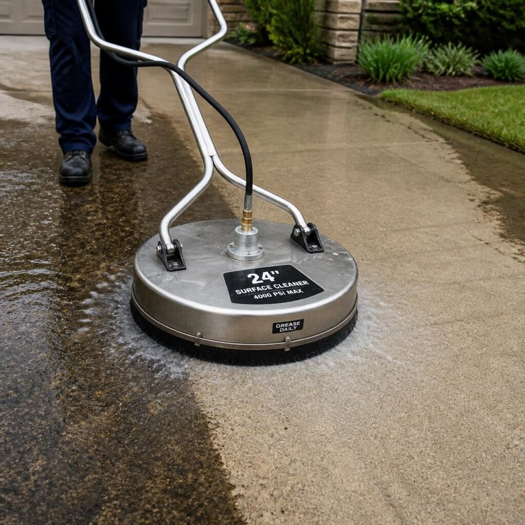 Surface cleaner attachment removing stains during driveway cleaning in Georgetown TX